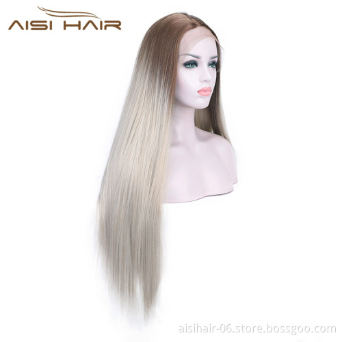 Aisi Hair Silky Straight Synthetic Lace Front Wigs Ombre Brown to Gray Heat Resistant Wigs Lace Front Middle Part Wig for Women